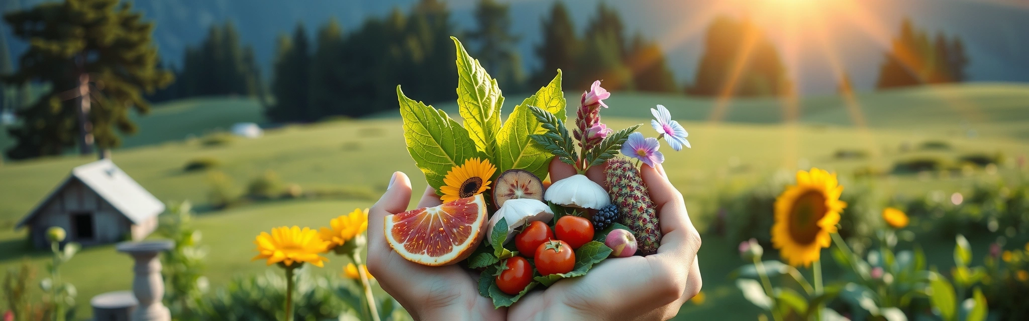 Serene landscape with hands gently holding natural ingredients, symbolizing the essence of Vitality & Glow UK