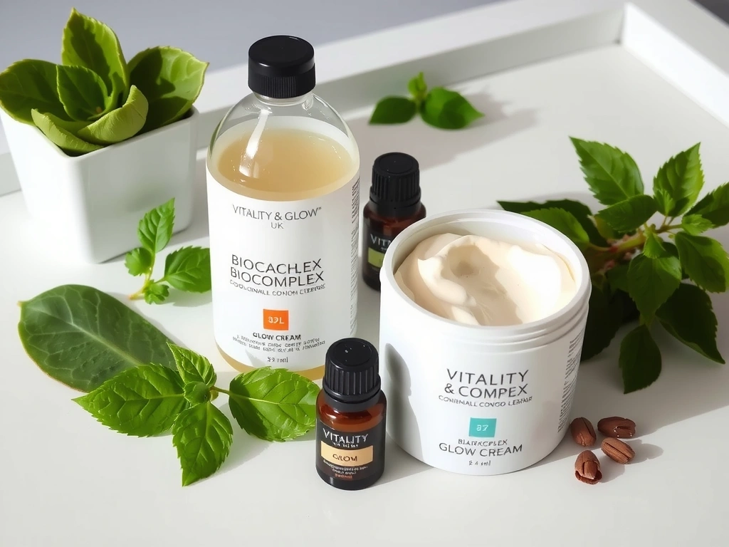 Bottles of Vitality & Glow UK products with natural ingredients in a bright setting