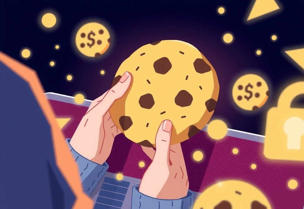 Illustration of a person interacting with a giant cookie on a screen, representing data privacy and website interaction