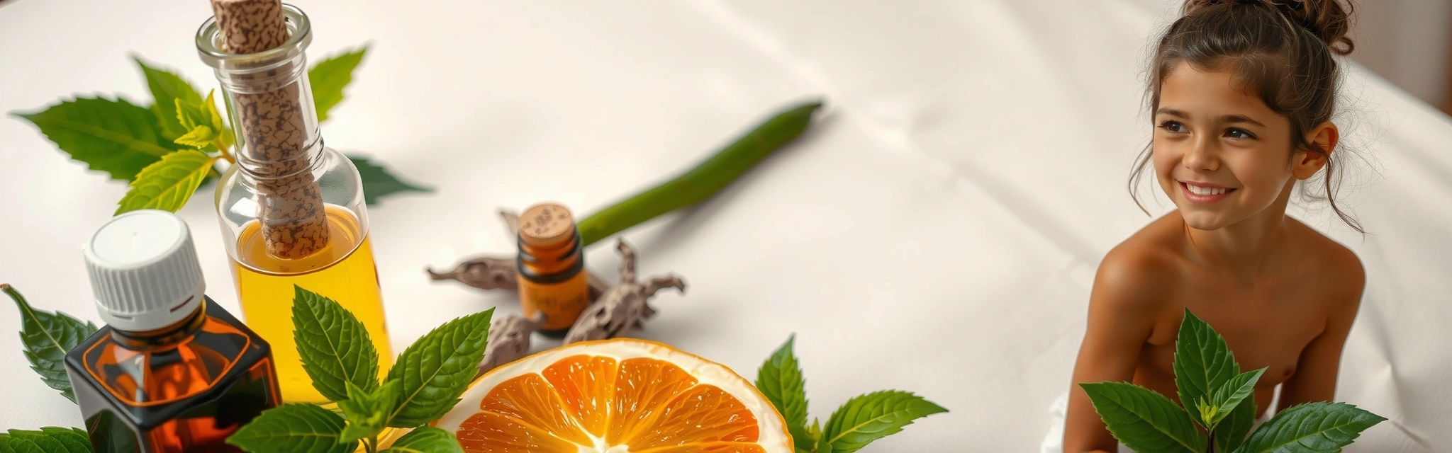 Close-up of various natural botanical ingredients and oils, vibrant and fresh