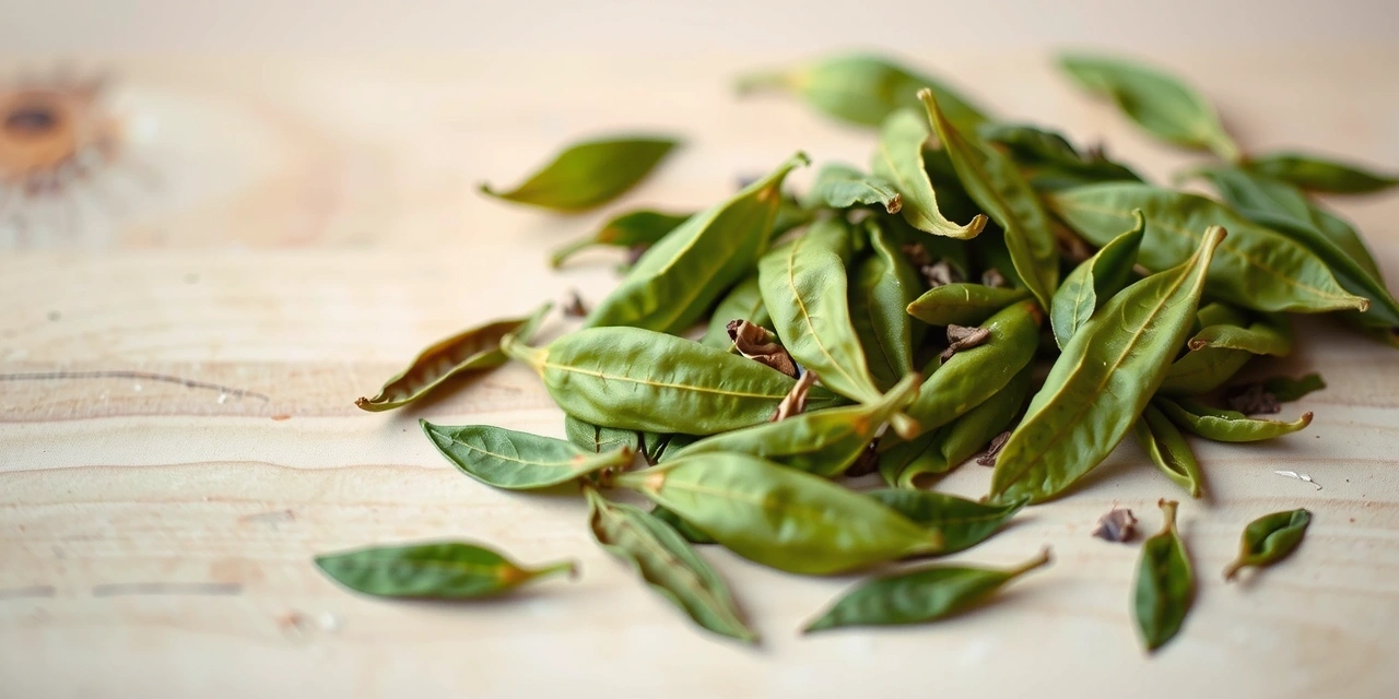 Fresh green tea leaves scattered on a light wooden surface