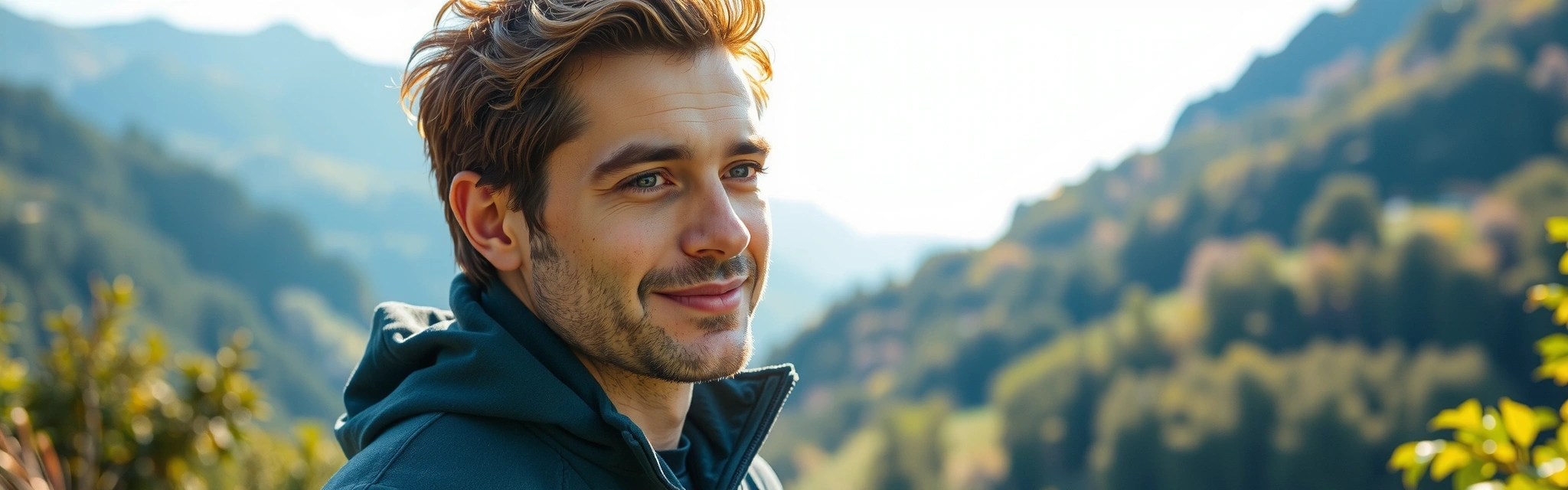 A confident, healthy man in a natural setting, embodying vitality and well-being.