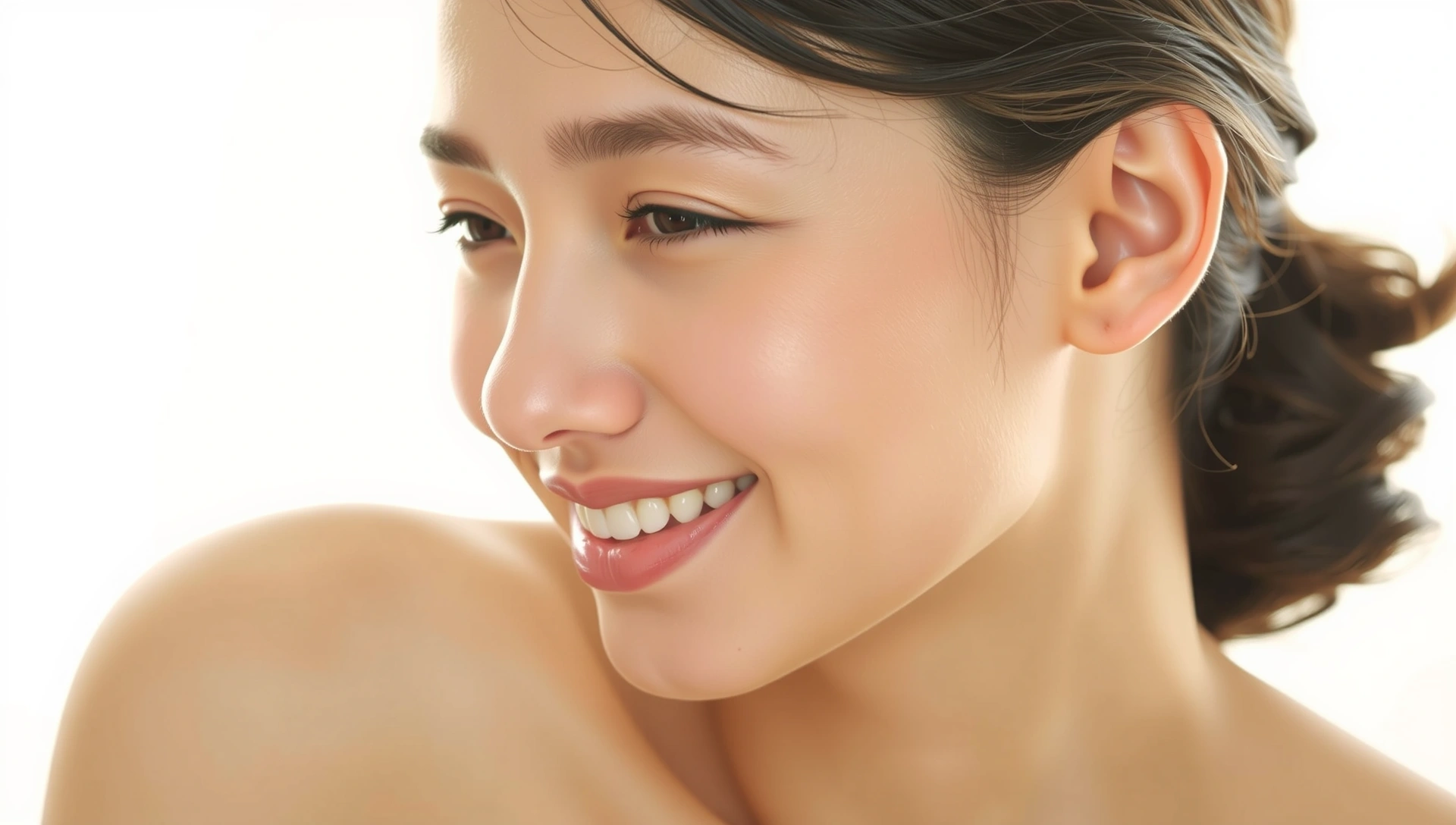 A woman with radiant, healthy skin, in soft, natural light, smiling gently.